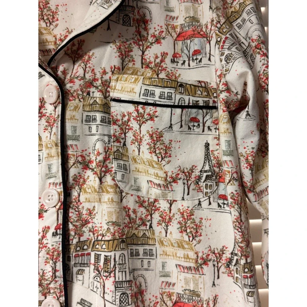 BedHead PJs Paris Print Organic Cotton Button Down Pajama Top Cream Small Cozy